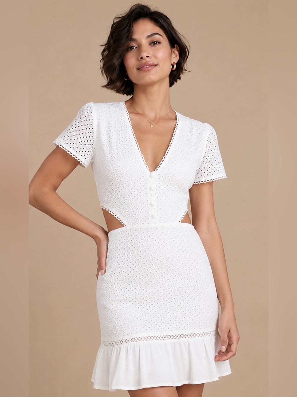 Lost + Wander White Eyelet Mini Dress with Cutout Sides